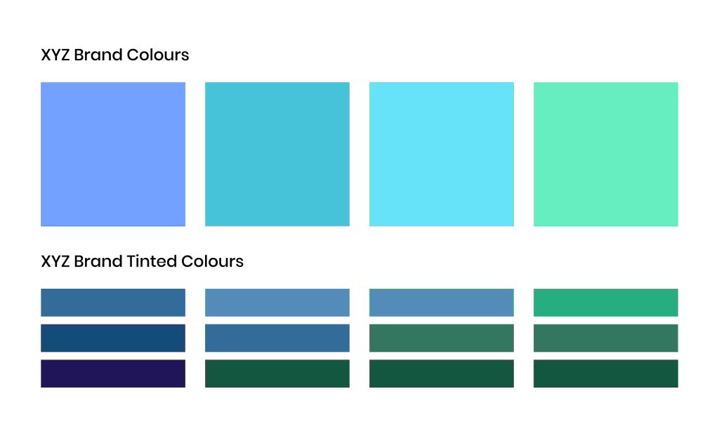 An example of brand colours with tint variations to offer better contrast in designs
