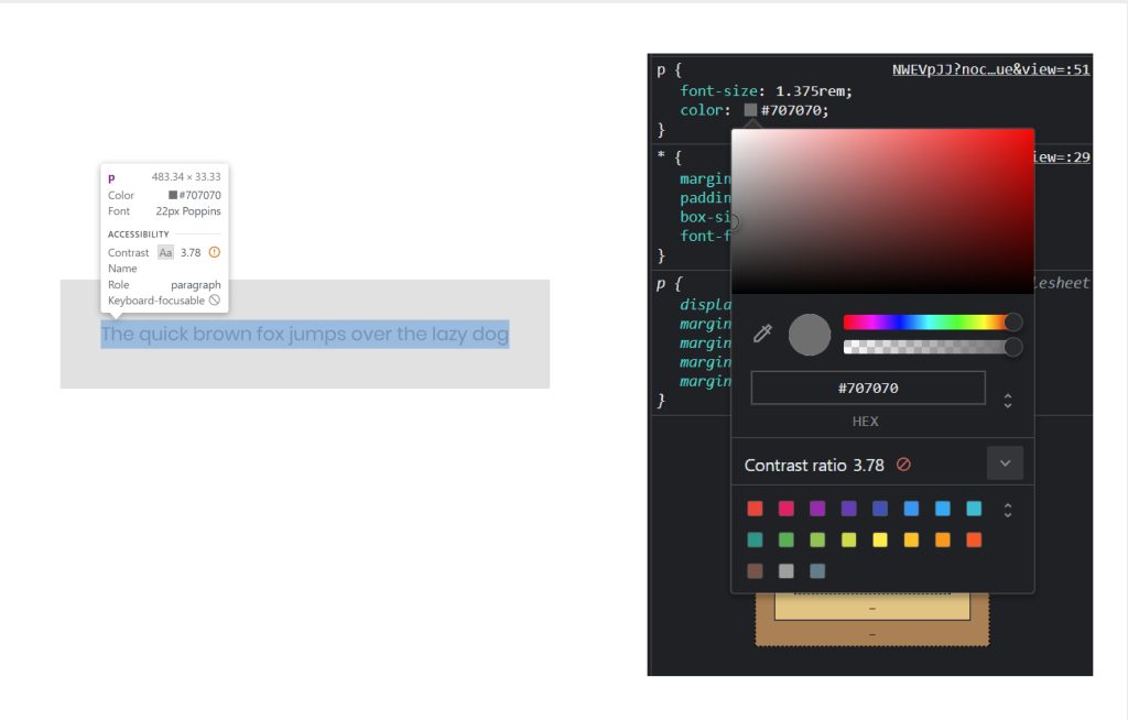 Colour contrast score shown on colour within Chrome's dev tools